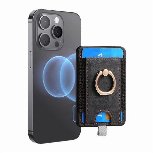 iPhone with magnetic card holder and ring stand on a white background