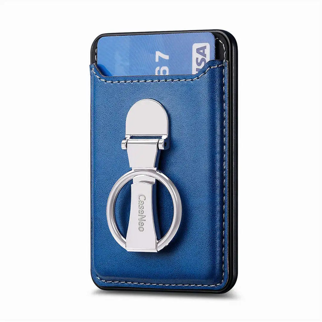 Blue magnetic wallet with key ring stand on a white background