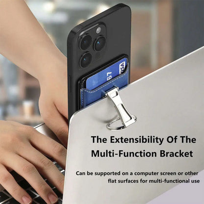 Phone case with multi-function bracket attached to a laptop screen, showing extensibility.