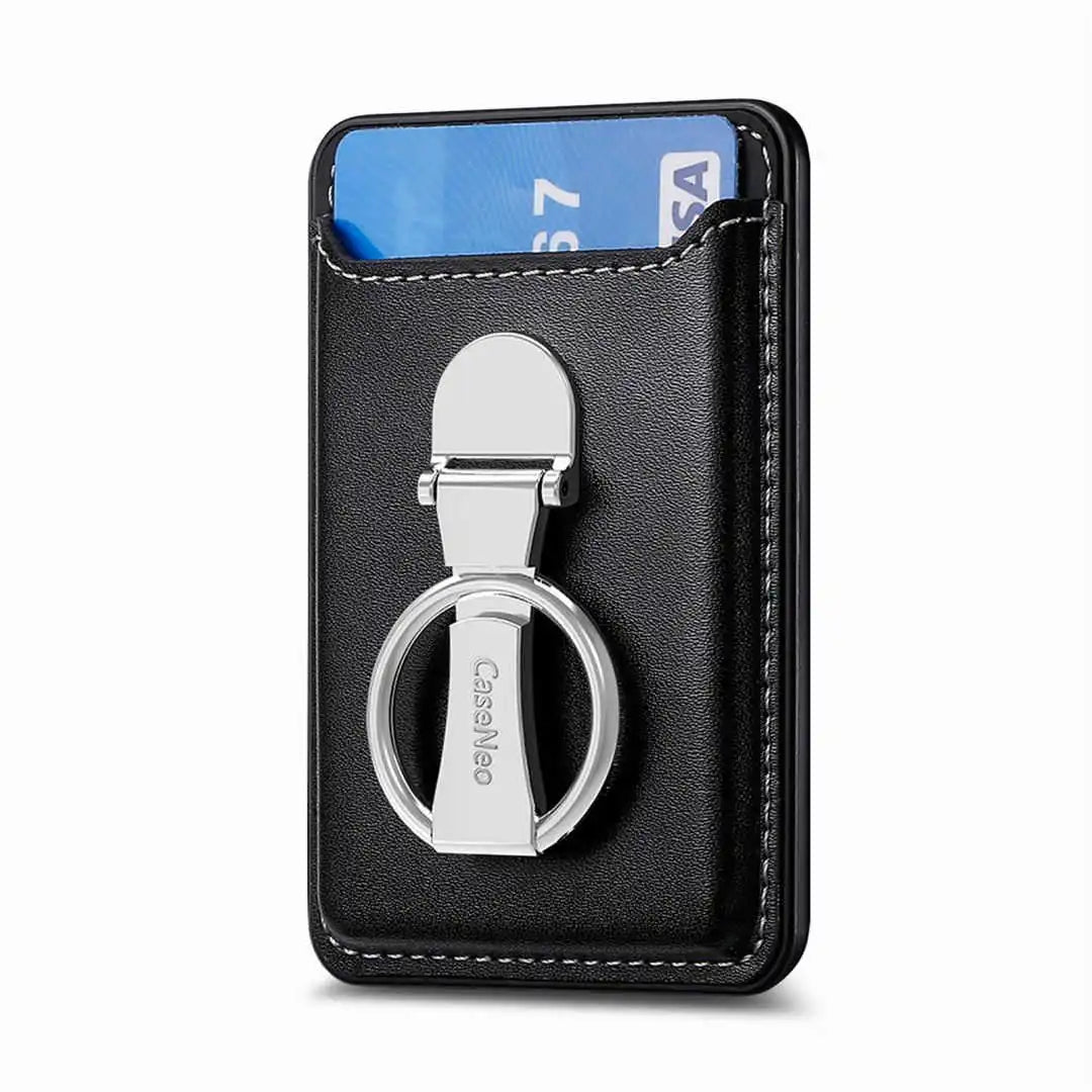 Black leather cardholder with a silver key ring and card slots on a white background