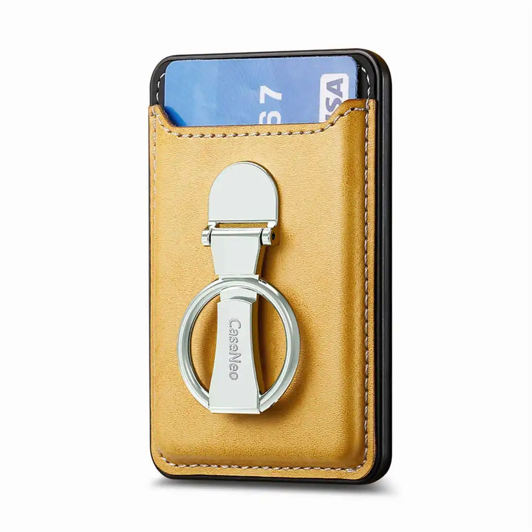 Yellow leather cardholder with metal ring and 'Casetify' branding on a white background