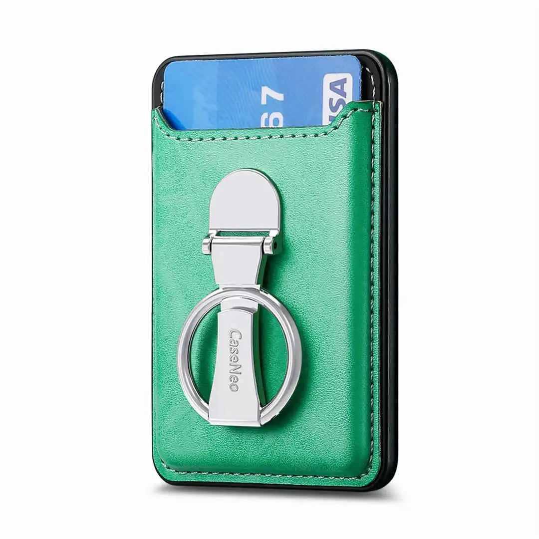 Green cardholder with a key ring and card slots on a white background