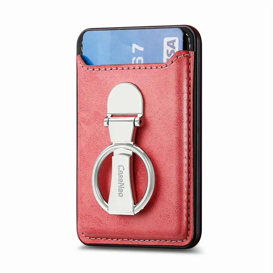 Pink cardholder with a metal ring stand on a white background