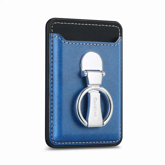 Blue magnetic cardholder with silver ring stand on a white background