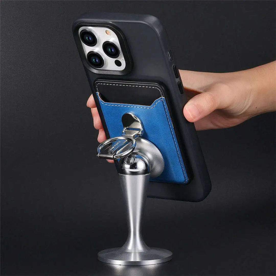 iPhone with a magnetic card holder and stand on a black background