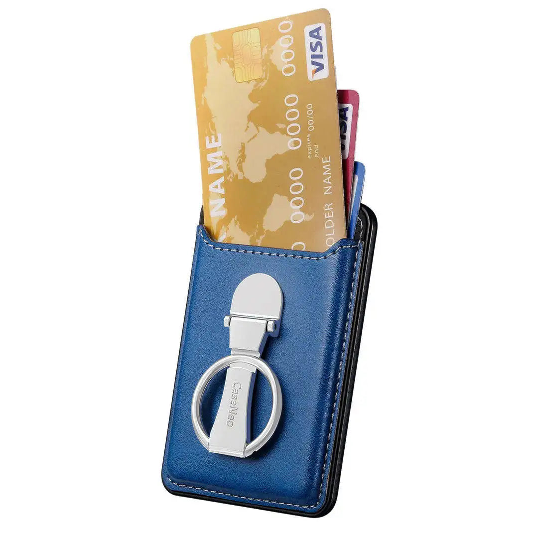 Blue cardholder with Visa cards and key ring on a white background