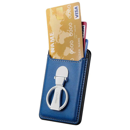 Blue cardholder with Visa cards and key ring on a white background