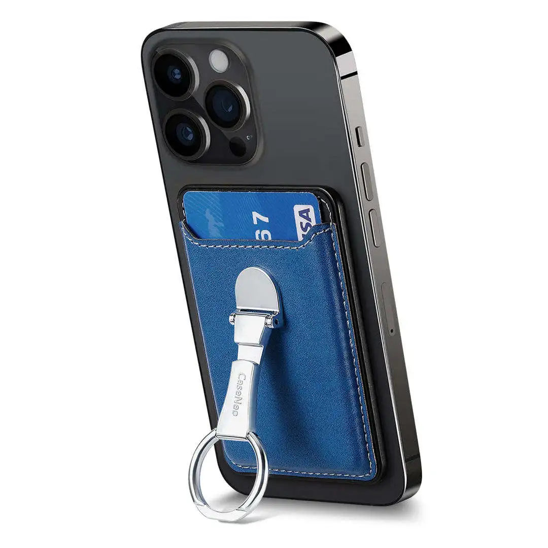 Phone with magnetic card holder and ring stand on a white background