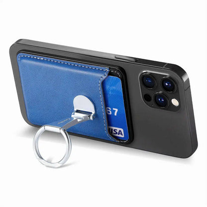 Phone with card holder and ring stand on a white background