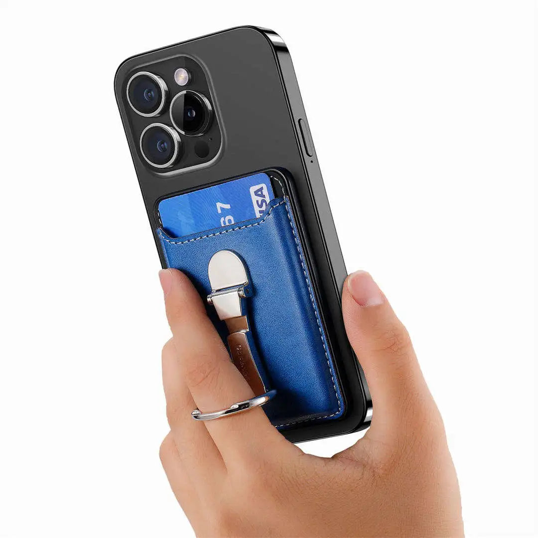 Hand holding a phone with a blue card holder attached on a white background