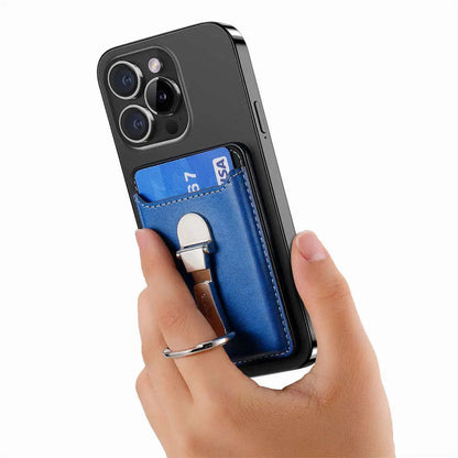 Hand holding a phone with a blue card holder attached on a white background