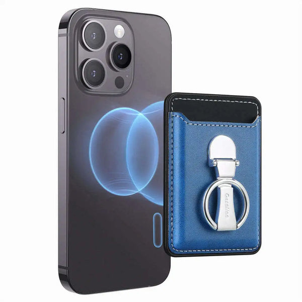 Blue phone cardholder and silver ring holder on a white background