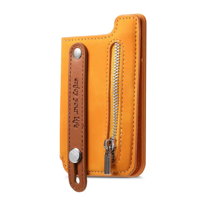 Orange leather wallet with zipper and brown leather pull tab on a white background