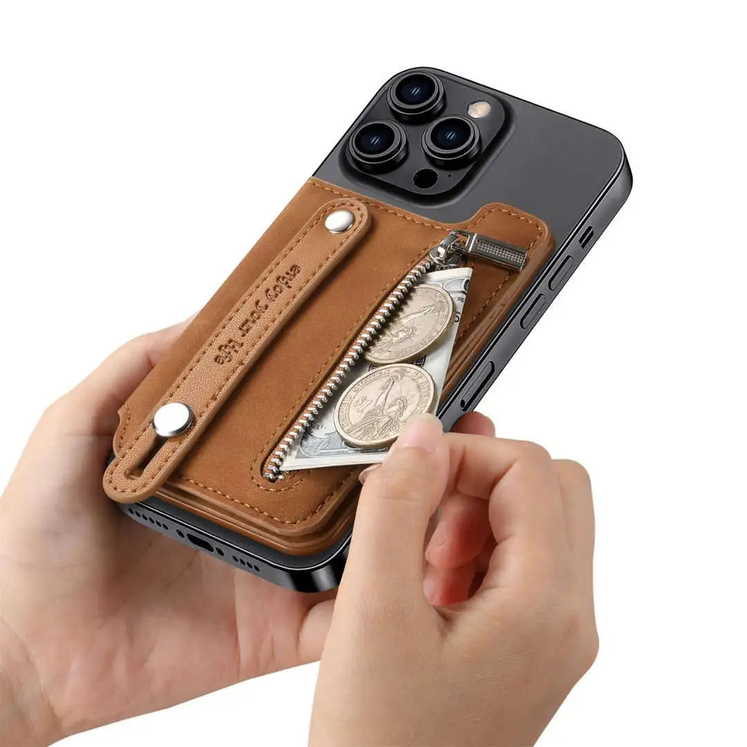 Phone wallet with a zipper pocket holding coins and cards, held by a hand on a white background.