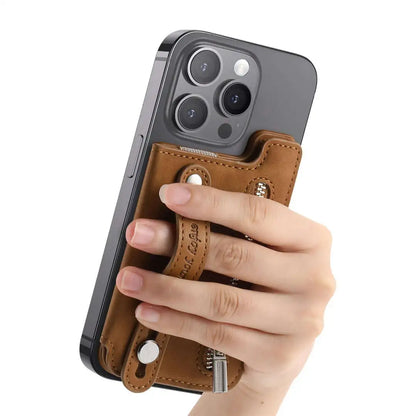 Hand holding a smartphone with a brown leather wallet on a white background