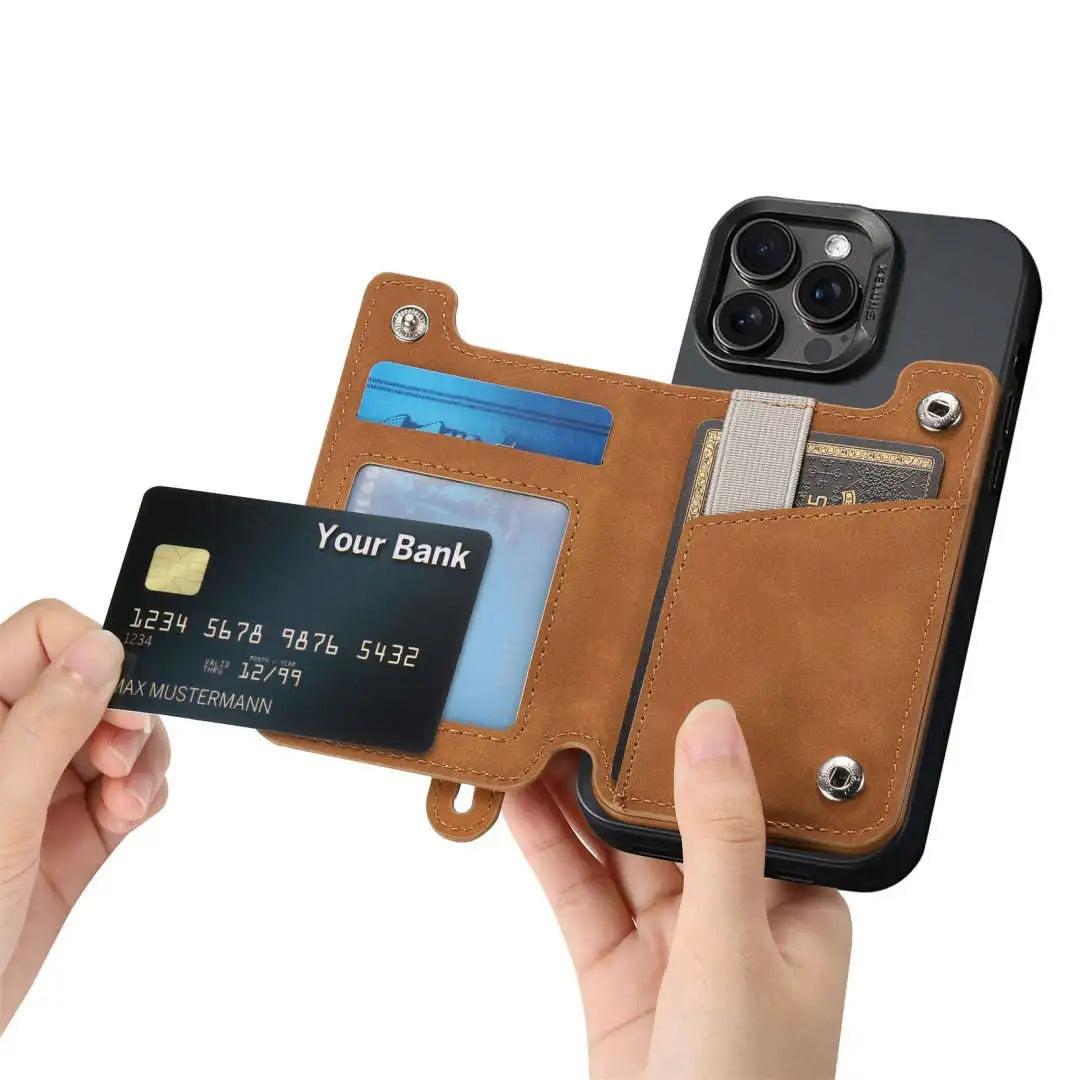 Phone wallet with card slots held by hands on a white background