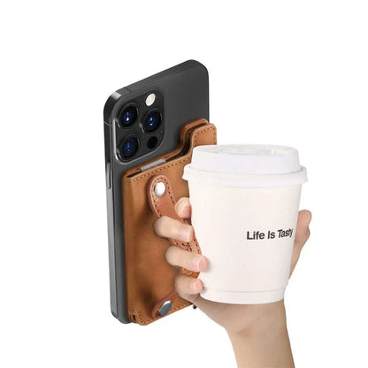 Phone wallet with cup holder attached to a phone, holding a 'Life Is Tasty' cup.
