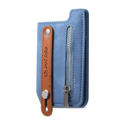Navy Blue wallet with a brown leather pull tab and 'enjoy your life' engraving on a white background