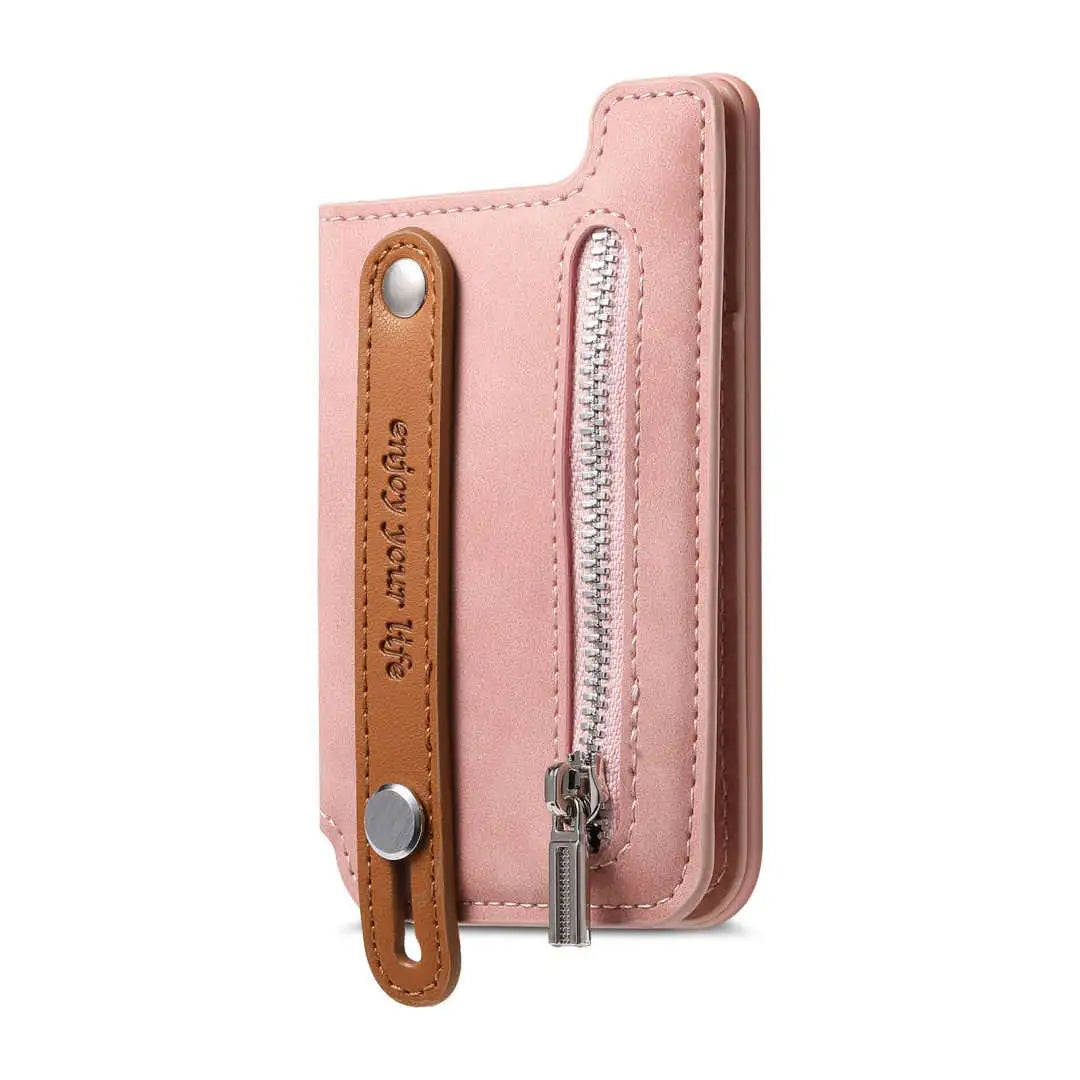 Pink wallet with a zipper and brown leather pull on a white background