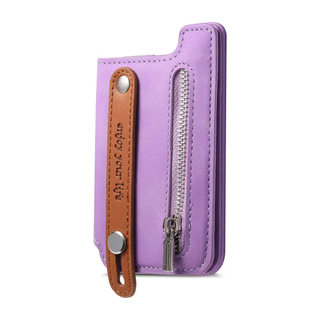 Purple wallet with brown leather pull and zipper on a white background