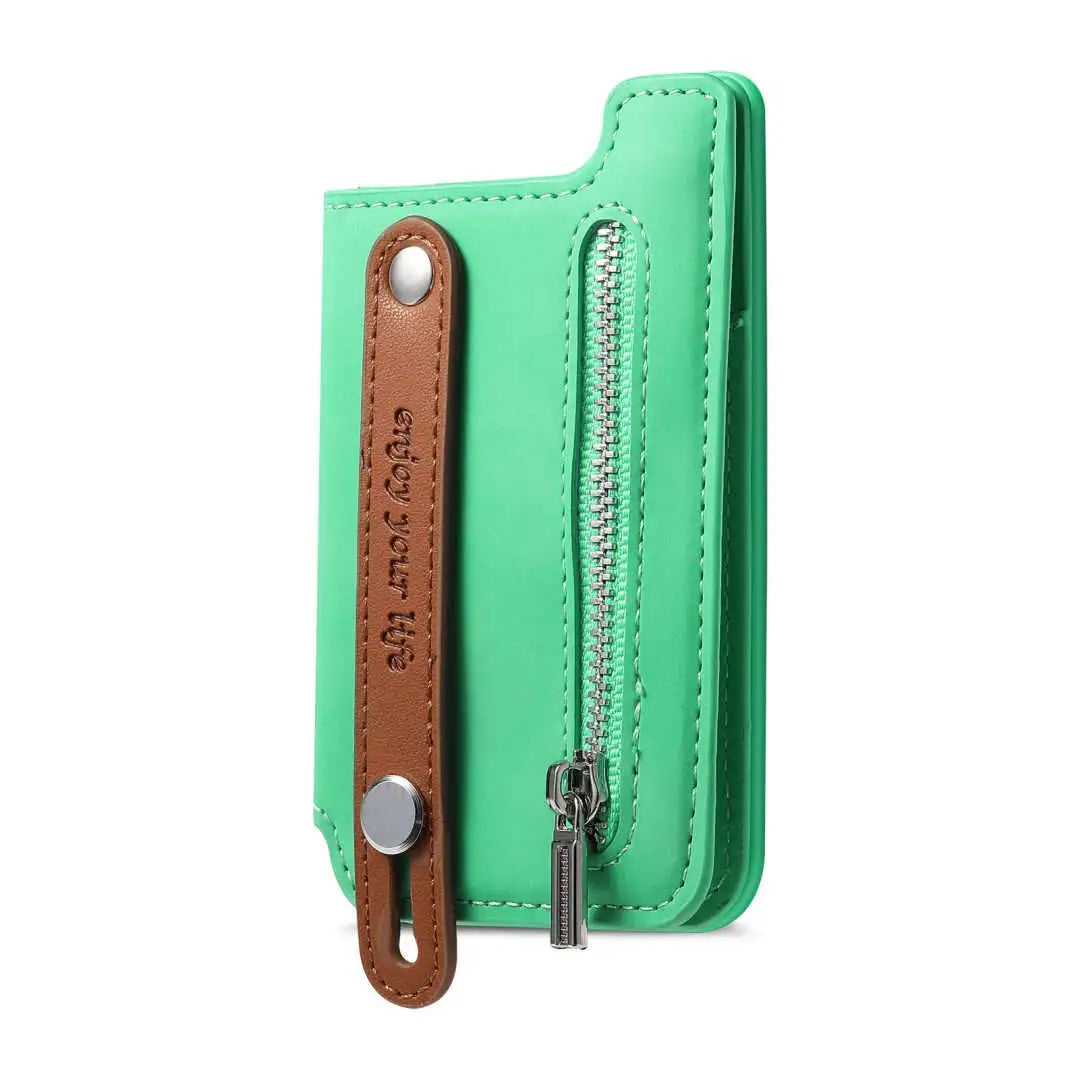 Green wallet with a brown leather pull and silver zipper on a white background
