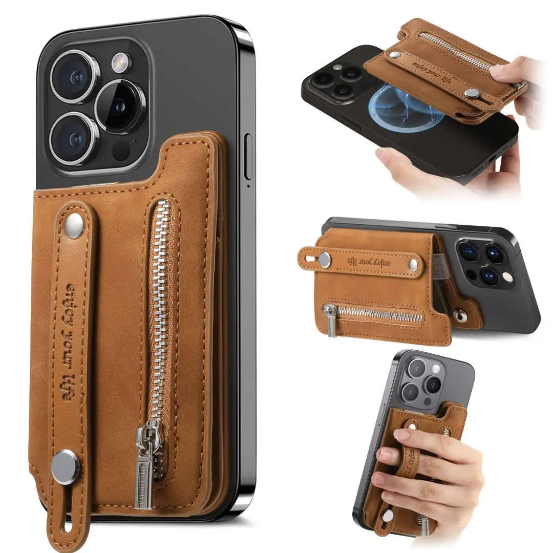 Brown leather phone wallet with zipper pocket attached to a smartphone, shown from multiple angles.