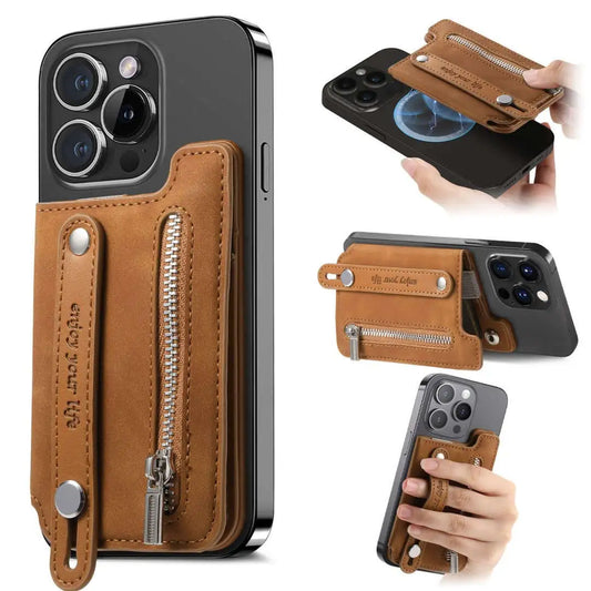 Brown leather phone wallet with zipper pocket attached to a smartphone, shown from multiple angles.