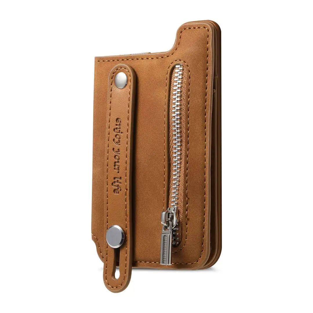 Brown leather magnetic wallet with zipper on a white background
