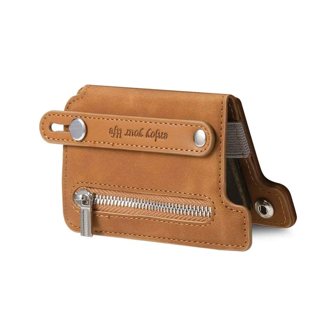 Brown leather wallet with a zipper on a white background