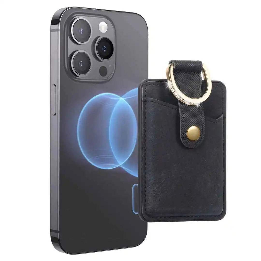 Black phone wallet with card holder and key ring on a white background