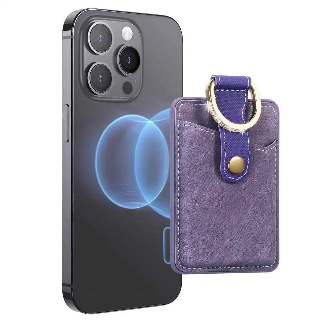 Smartphone with a purple phone wallet featuring a card holder and key ring on a white background