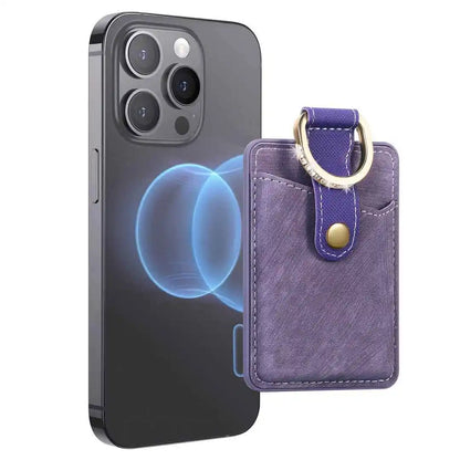 Smartphone with a purple phone wallet featuring a card holder and key ring on a white background