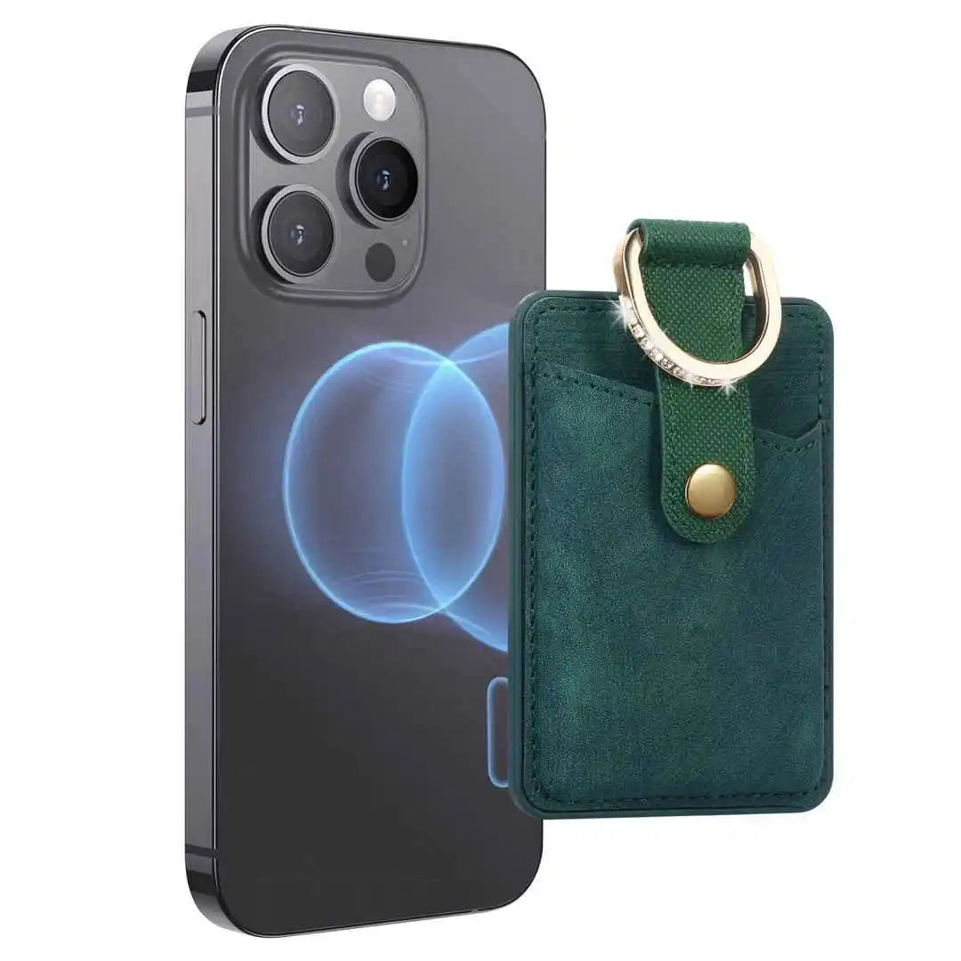 Green phone wallet with a ring holder next to a smartphone on a white background