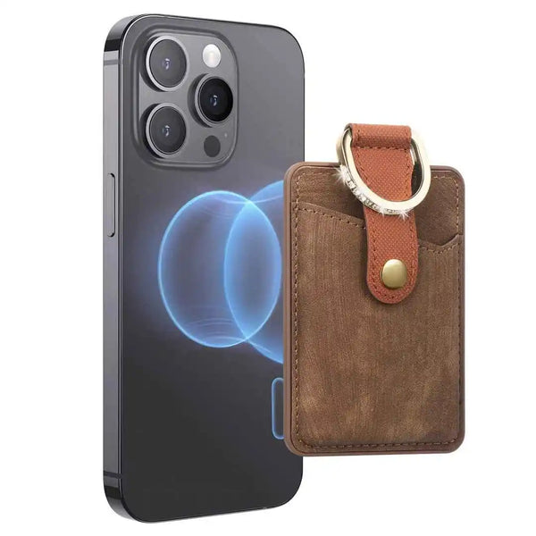 Smartphone with a brown leather card holder and keychain on a white background