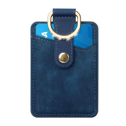 Blue cardholder with gold ring and button on a white background