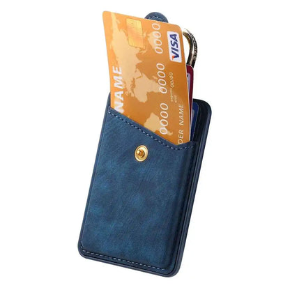Blue phone card holder with a Visa card on a white background