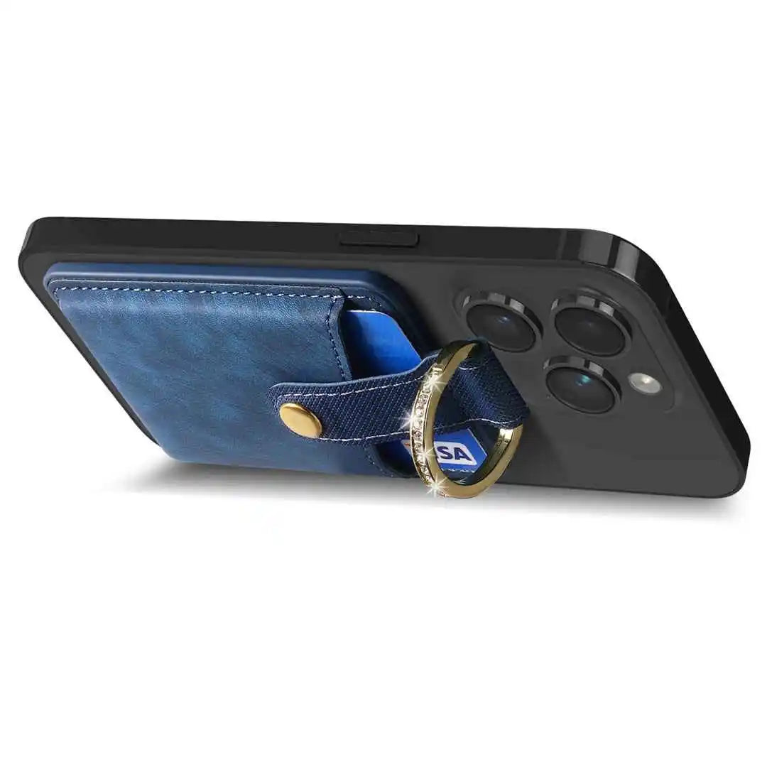 Phone case with blue wallet and ring holder stand on a white background