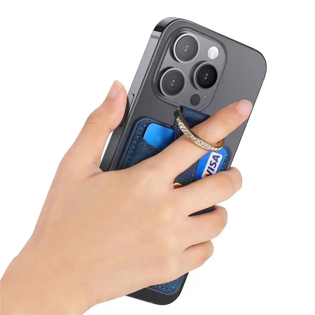 Hand holding a phone with a blue grip case on a white background