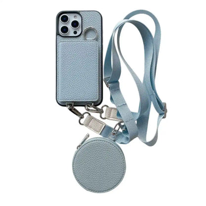 Blue wallet phone case with lanyard and round pouch on a white background