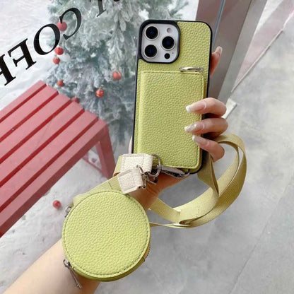 Lime green wallet phone case with strap held by a hand on a light background