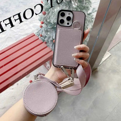 pastel purplewallet phone case with strap against a blurred outdoor background