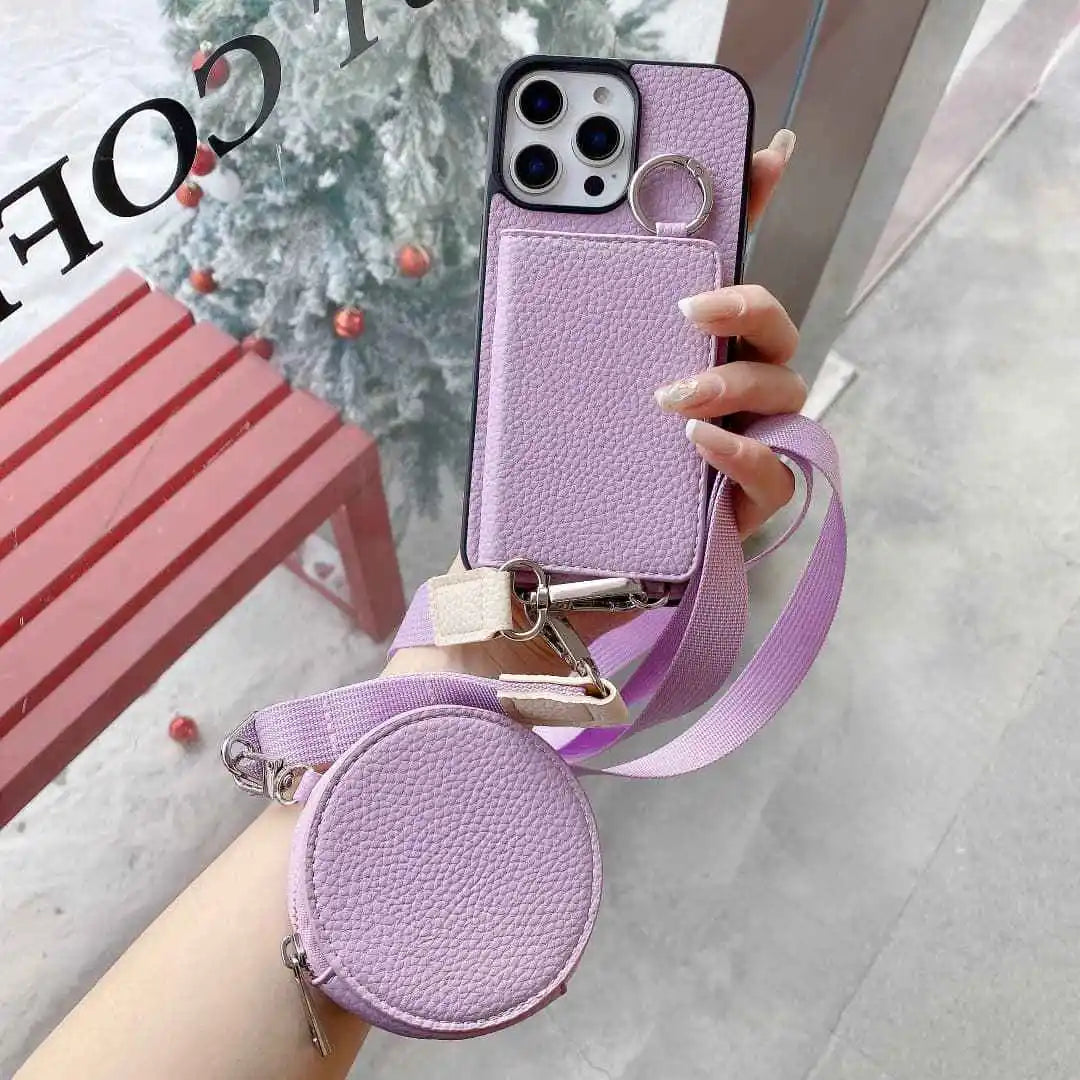 Purple wallet phone case with a matching round pouch and strap held by a hand.