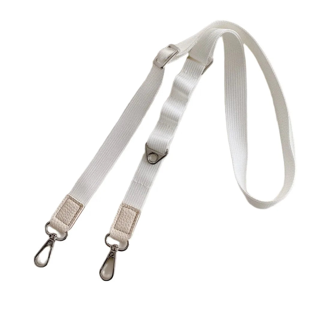 White crossbody phone strap with metal clips on a white background