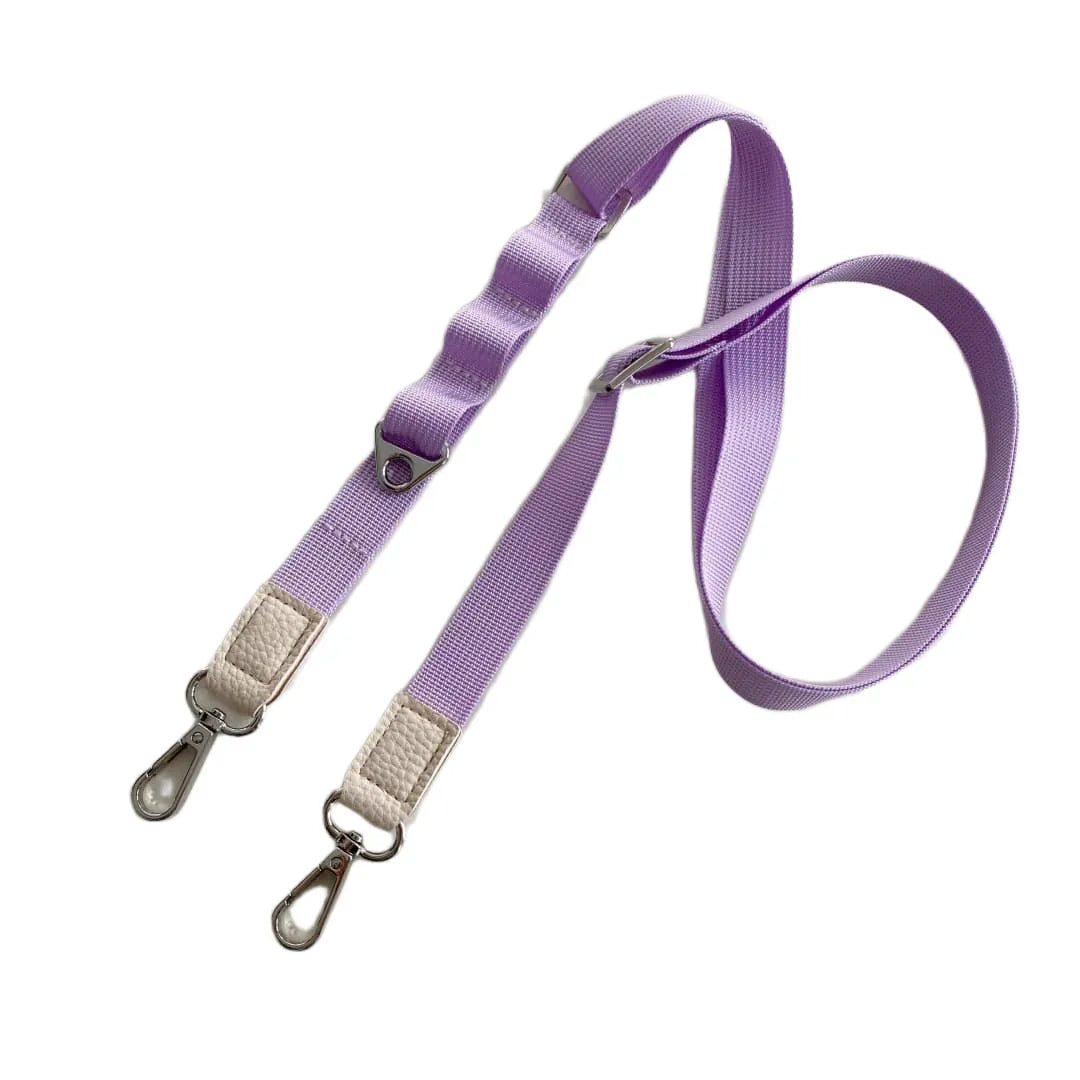 Purple crossbody phone strap with metal clasps on a white background