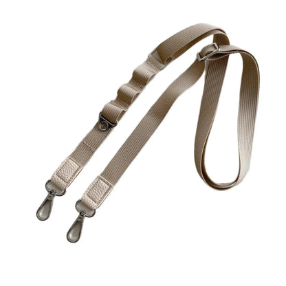 Taupe crossbody phone strap with clips on a white background