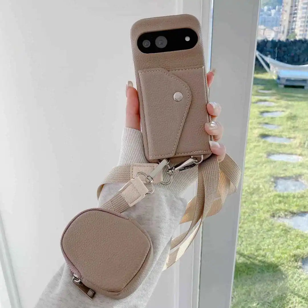 Taupe Google Pixel wallet case strap and mini pouch accessory set