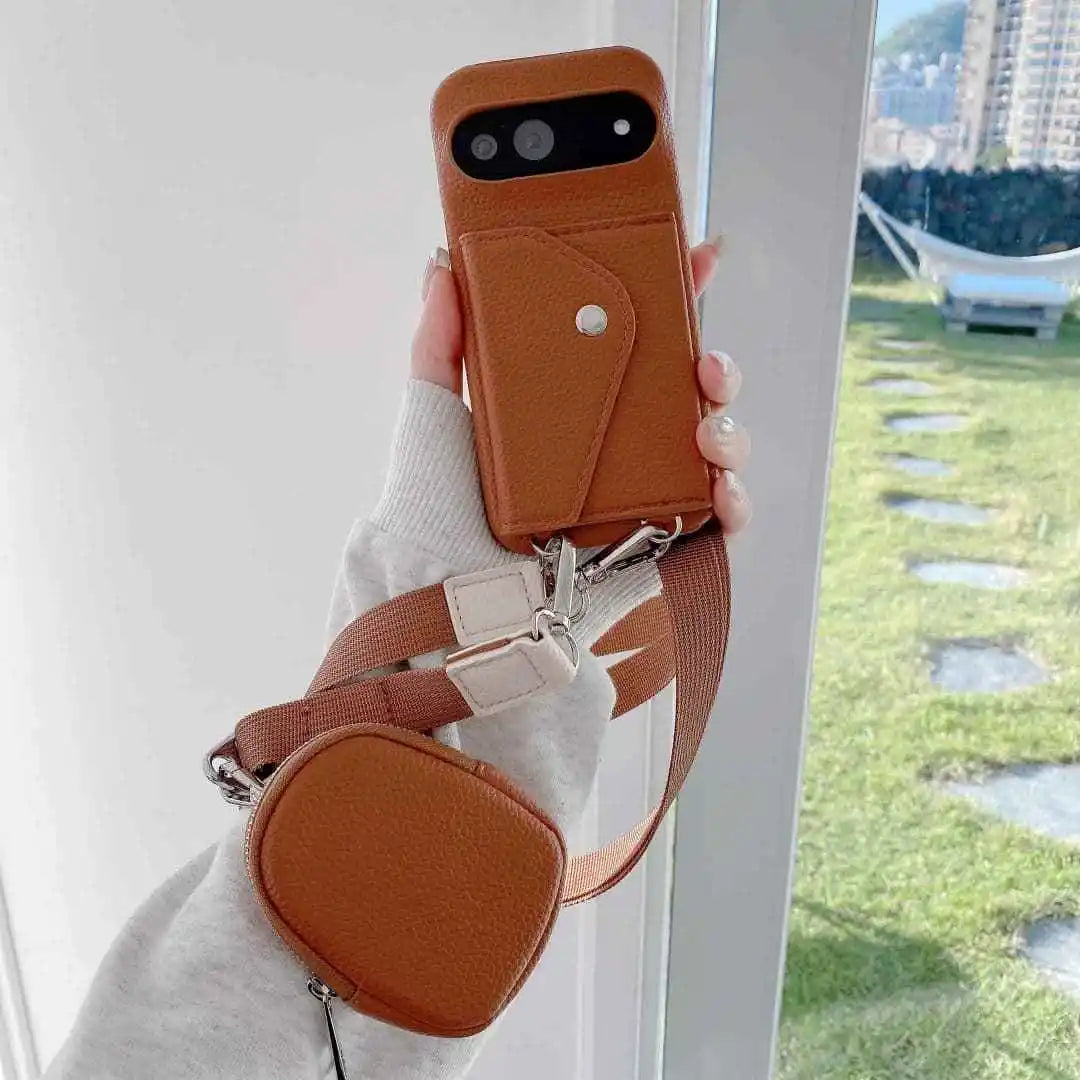 Brown Google Pixel crossbody wallet case color and design detail
