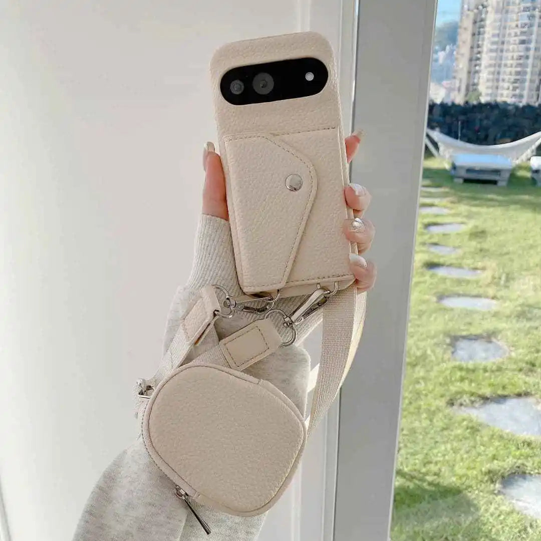 Beige Google Pixel crossbody wallet case lifestyle product view