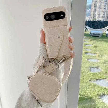 Beige Google Pixel crossbody wallet case lifestyle product view