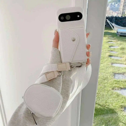 White Google Pixel wallet phone case with mini pouch and strap detail